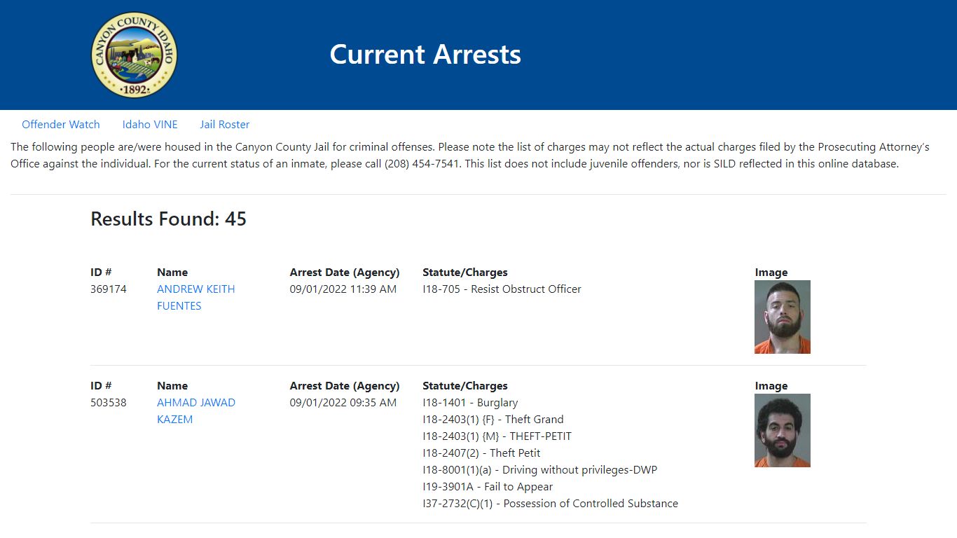 Current Arrests - Canyon County, Idaho